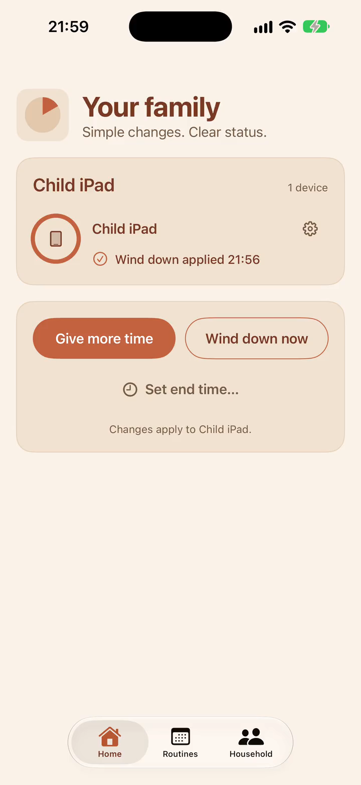 Actual TenMore parent home screen showing the child’s iPad with wind down applied and controls to give more time or wind down.