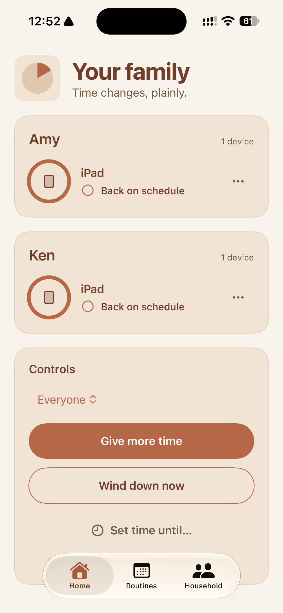Actual TenMore parent home screen showing the household, child-device status, and controls to give more time or wind down.